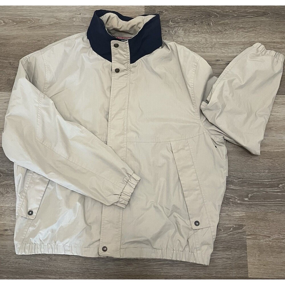 Pacific Trail Mens XL Stain Stopper Rain Jacket Beige Navy Hooded Windbreaker